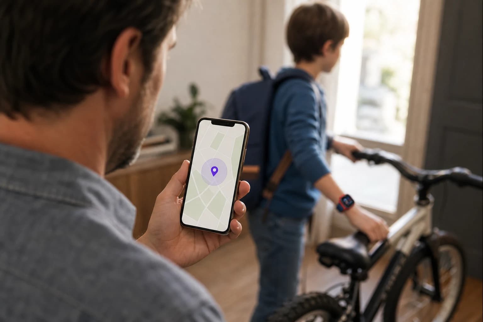 Ouder bekijkt de locatie van een kind op de TrackMyKid-app